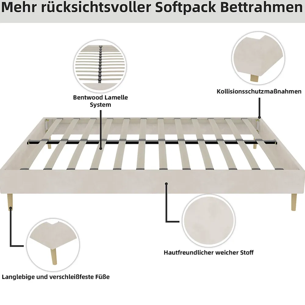 Okwish Lit Double 140x200 cm - Cadre Moderne, Revêtement en Velours, sans Matelas, Beige* Lit Double