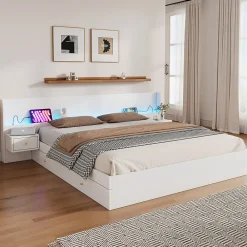 Lit Double 180x200 cm 2 Chevets avec USB, Éclairage LED, Prise et Contrôle Via App Mobile, 4 Tiroirs, Blanc, Pin, Sans Matelas>Okwish Best