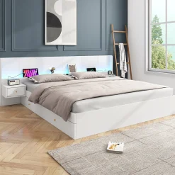 Lit Double 180x200 cm 2 Chevets avec USB, Éclairage LED, Prise et Contrôle Via App Mobile, 4 Tiroirs, Blanc, Pin, Sans Matelas><noscript><img width=