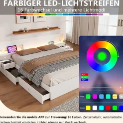 Lit Double 180x200 cm 2 Chevets avec USB, Éclairage LED, Prise et Contrôle Via App Mobile, 4 Tiroirs, Blanc, Pin, Sans Matelas><noscript><img width=