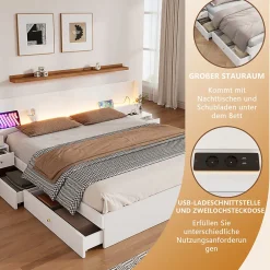 Lit Double 180x200 cm 2 Chevets avec USB, Éclairage LED, Prise et Contrôle Via App Mobile, 4 Tiroirs, Blanc, Pin, Sans Matelas><noscript><img width=