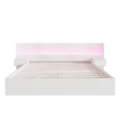 Lit Double 180x200 cm 2 Chevets avec USB, Éclairage LED, Prise et Contrôle Via App Mobile, 4 Tiroirs, Blanc, Pin, Sans Matelas><noscript><img width=