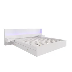 Lit Double 180x200 cm 2 Chevets avec USB, Éclairage LED, Prise et Contrôle Via App Mobile, 4 Tiroirs, Blanc, Pin, Sans Matelas><noscript><img width=