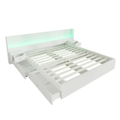 Lit Double 180x200 cm 2 Chevets avec USB, Éclairage LED, Prise et Contrôle Via App Mobile, 4 Tiroirs, Blanc, Pin, Sans Matelas><noscript><img width=