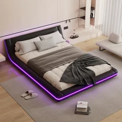 Lit Double 140x200 cm - Éclairage LED avec Télécommande 24 Touches - PU et MDF - Noir - Sans Matelas>Okwish New