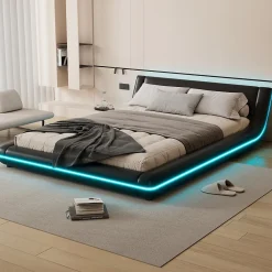 Lit Double 140x200 cm - Éclairage LED avec Télécommande 24 Touches - PU et MDF - Noir - Sans Matelas>Okwish New