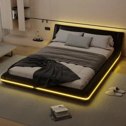 Lit Double 140x200 cm - Éclairage LED avec Télécommande 24 Touches - PU et MDF - Noir - Sans Matelas><noscript><img width=