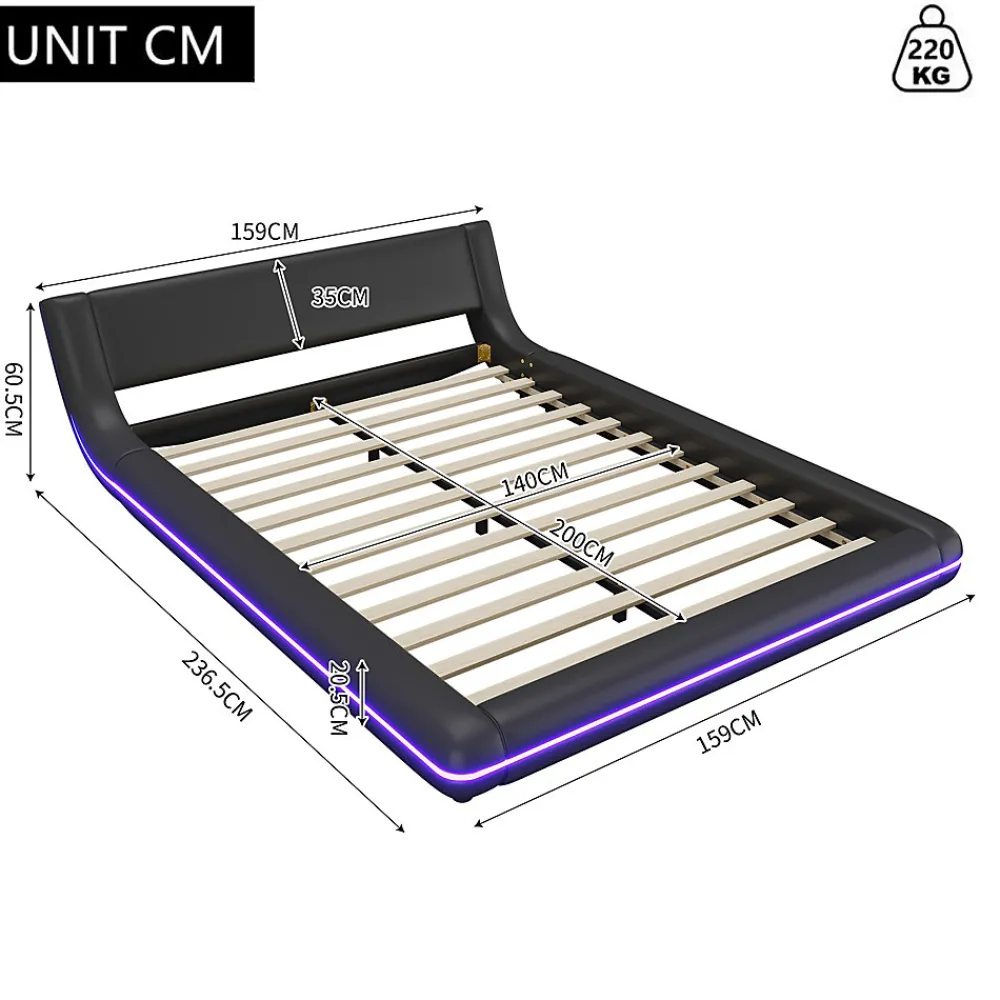 Lit Double 140x200 cm - Éclairage LED avec Télécommande 24 Touches - PU et MDF - Noir - Sans Matelas>Okwish New