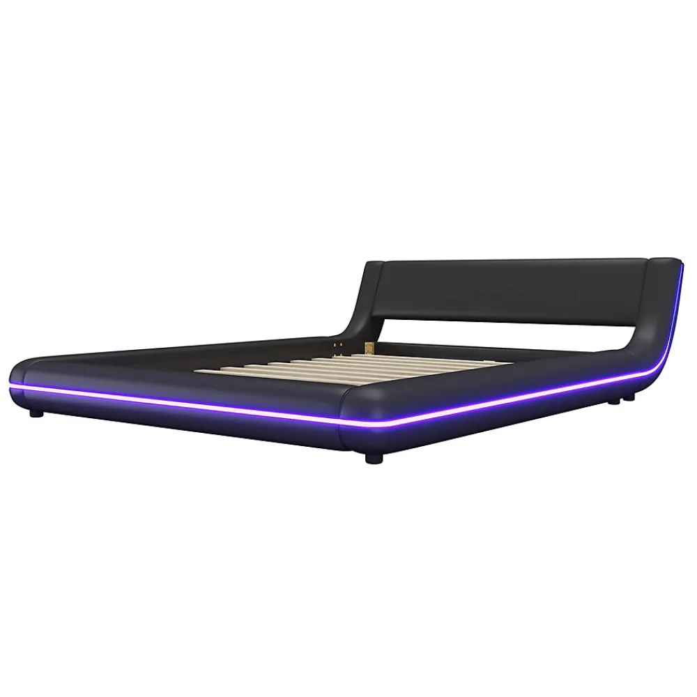 Lit Double 140x200 cm - Éclairage LED avec Télécommande 24 Touches - PU et MDF - Noir - Sans Matelas>Okwish New