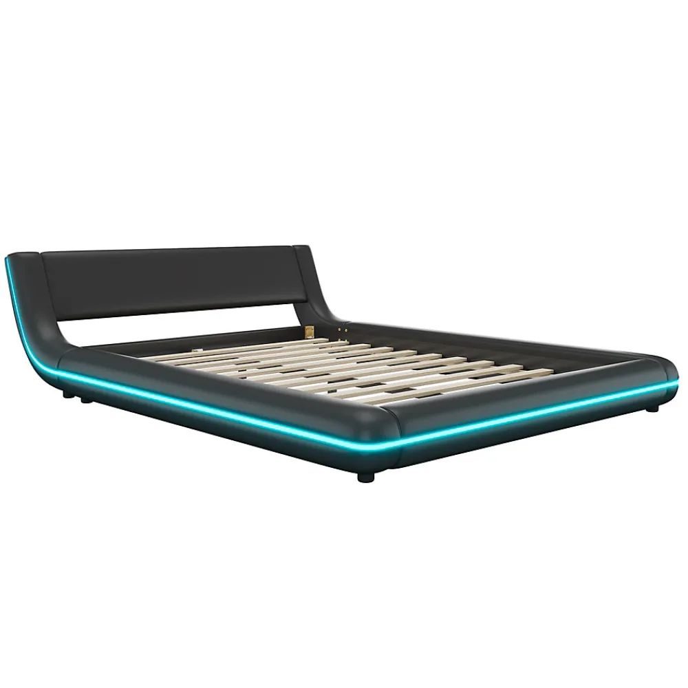 Lit Double 140x200 cm - Éclairage LED avec Télécommande 24 Touches - PU et MDF - Noir - Sans Matelas>Okwish New
