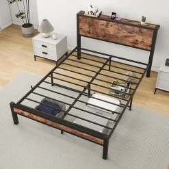 Okwish Lit Double 140x200 cm - Lit Ado Métal avec Tête de Lit Rangement, MDF, Marron - Solide et Silencieux - Sans Matelas* Lit Double