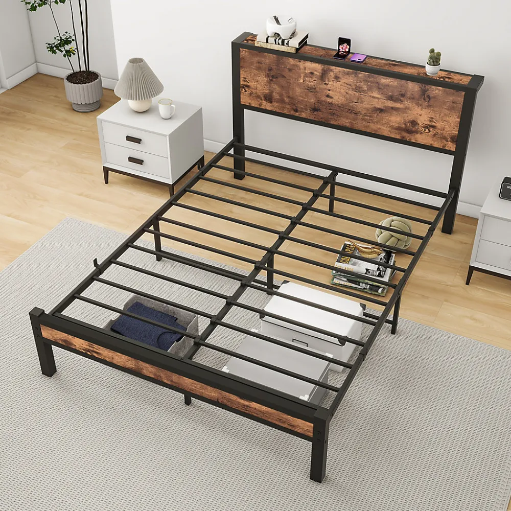 Okwish Lit Double 140x200 cm - Lit Ado Métal avec Tête de Lit Rangement, MDF, Marron - Solide et Silencieux - Sans Matelas* Lit Double