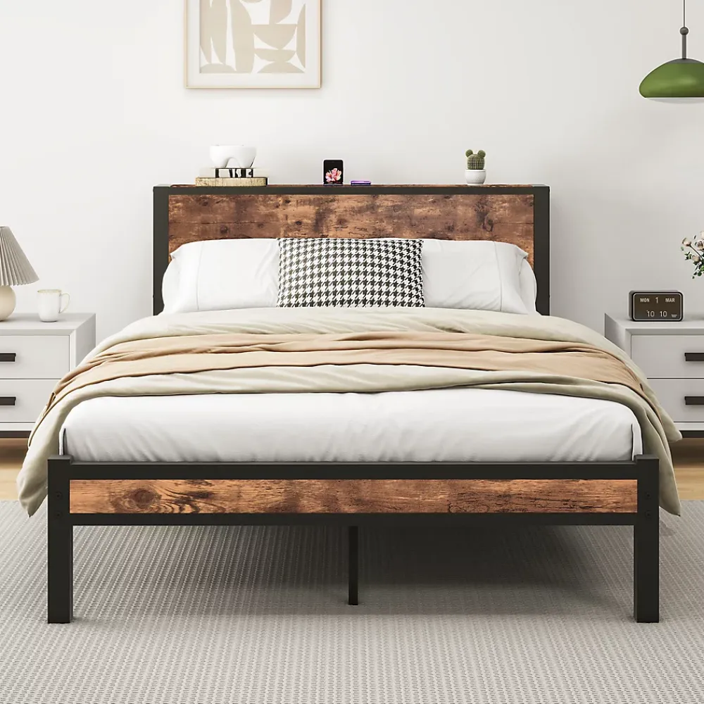 Okwish Lit Double 140x200 cm - Lit Ado Métal avec Tête de Lit Rangement, MDF, Marron - Solide et Silencieux - Sans Matelas* Lit Double