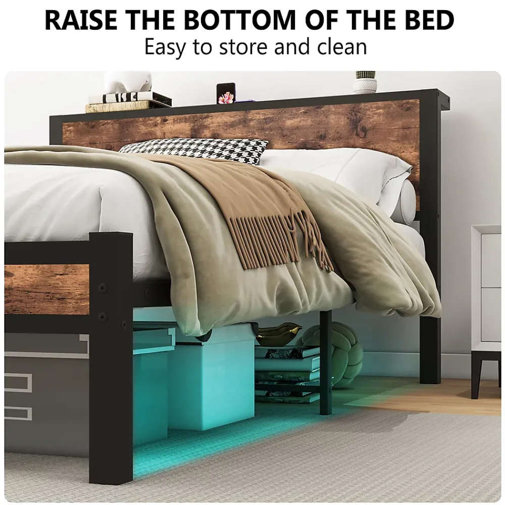 Okwish Lit Double 140x200 cm - Lit Ado Métal avec Tête de Lit Rangement, MDF, Marron - Solide et Silencieux - Sans Matelas* Lit Double
