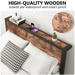 Okwish Lit Double 140x200 cm - Lit Ado Métal avec Tête de Lit Rangement, MDF, Marron - Solide et Silencieux - Sans Matelas* Lit Double