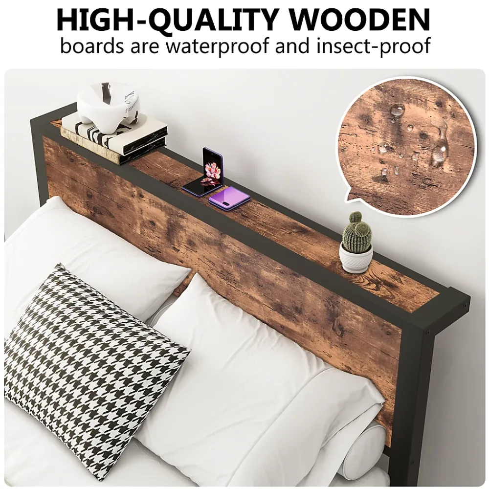 Okwish Lit Double 140x200 cm - Lit Ado Métal avec Tête de Lit Rangement, MDF, Marron - Solide et Silencieux - Sans Matelas* Lit Double