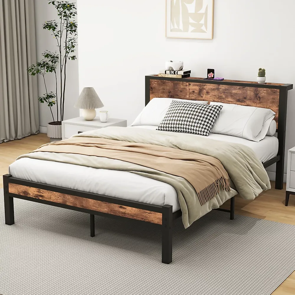 Okwish Lit Double 140x200 cm - Lit Ado Métal avec Tête de Lit Rangement, MDF, Marron - Solide et Silencieux - Sans Matelas* Lit Double