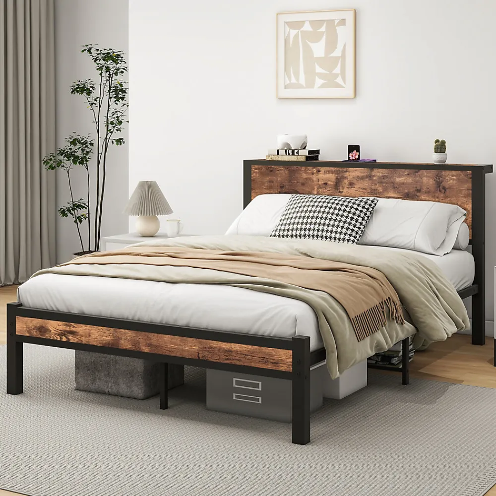 Okwish Lit Double 140x200 cm - Lit Ado Métal avec Tête de Lit Rangement, MDF, Marron - Solide et Silencieux - Sans Matelas* Lit Double