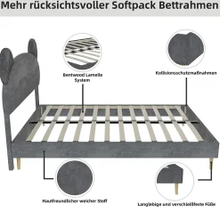 Okwish Lit Double 140x200 cm - Lit Adulte avec Tête Cartoon Capitonnée et Cadre Bas, Velours Gris, sans Matelas* Lit Double