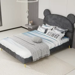 Okwish Lit Double 140x200 cm - Lit Adulte avec Tête Cartoon Capitonnée et Cadre Bas, Velours Gris, sans Matelas* Lit Double