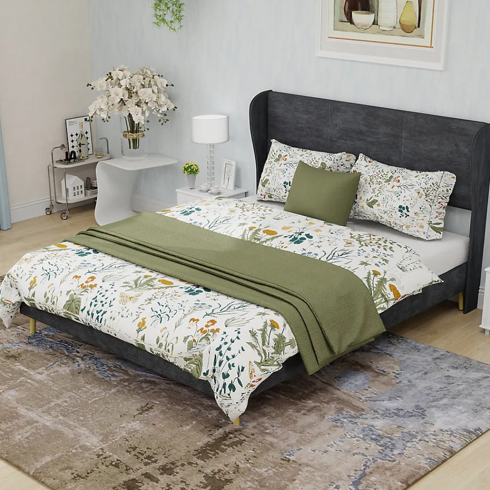 Lit Double 140x200 cm - Lit Adulte avec Tête de Lit Douce et Base Basse, Lit Capitonné Moderne, en Velours Gris, Sans Matelas>Okwish Best