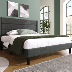 Lit double 140x200 cm - Lit adulte double capitonné avec sommier à lattes - Lin - Sans Matelas - Gris Foncé>Okwish Outlet