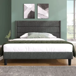 Lit double 140x200 cm - Lit adulte double capitonné avec sommier à lattes - Lin - Sans Matelas - Gris Foncé><noscript><img width=