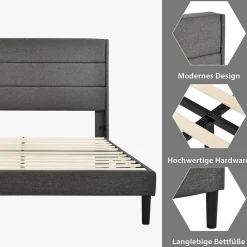 Lit double 140x200 cm - Lit adulte double capitonné avec sommier à lattes - Lin - Sans Matelas - Gris Foncé><noscript><img width=