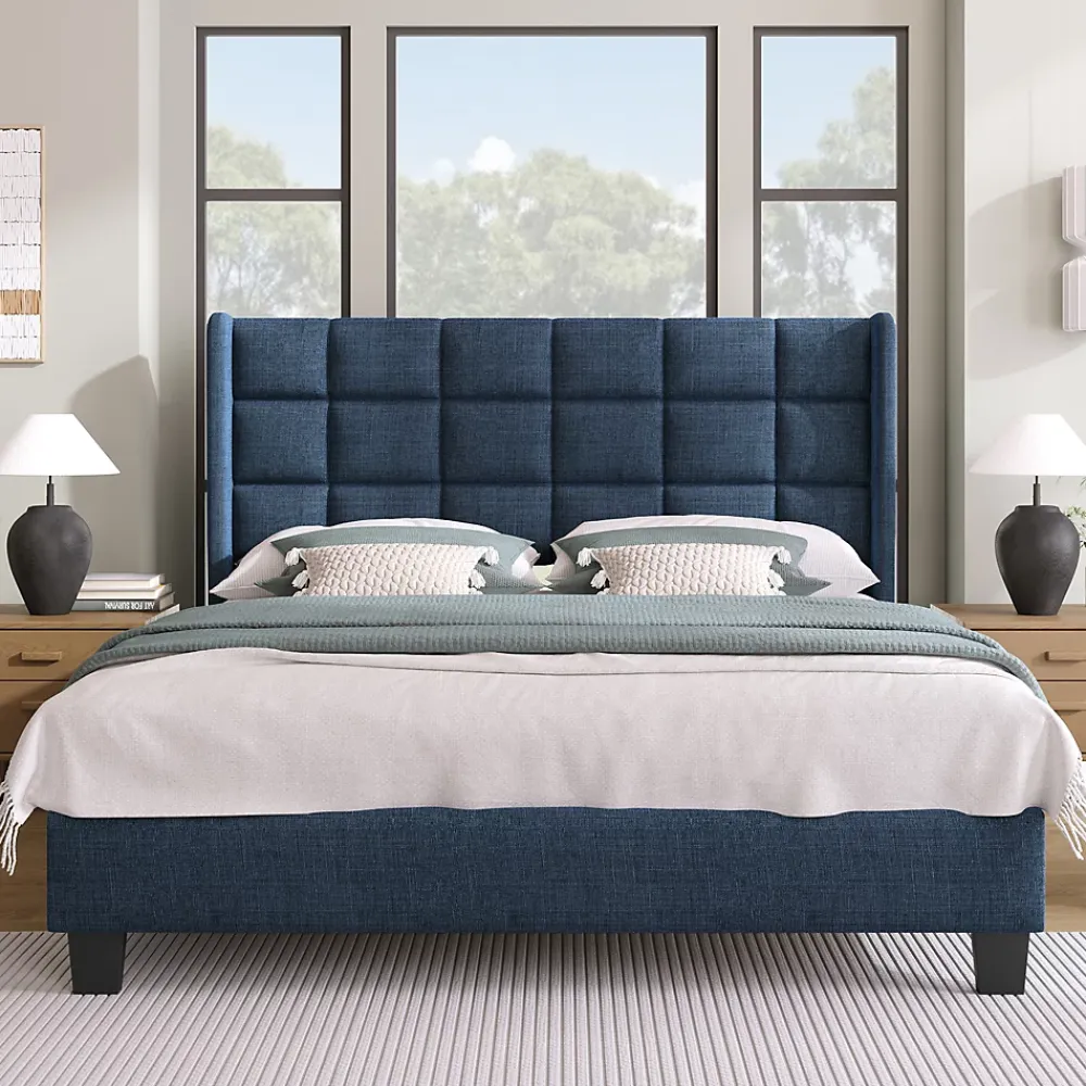 Okwish Lit double 140x200 cm - Lit adulte capitonné avec sommier à lattes - Lin - Sans Matelas - Bleu* Lit Double