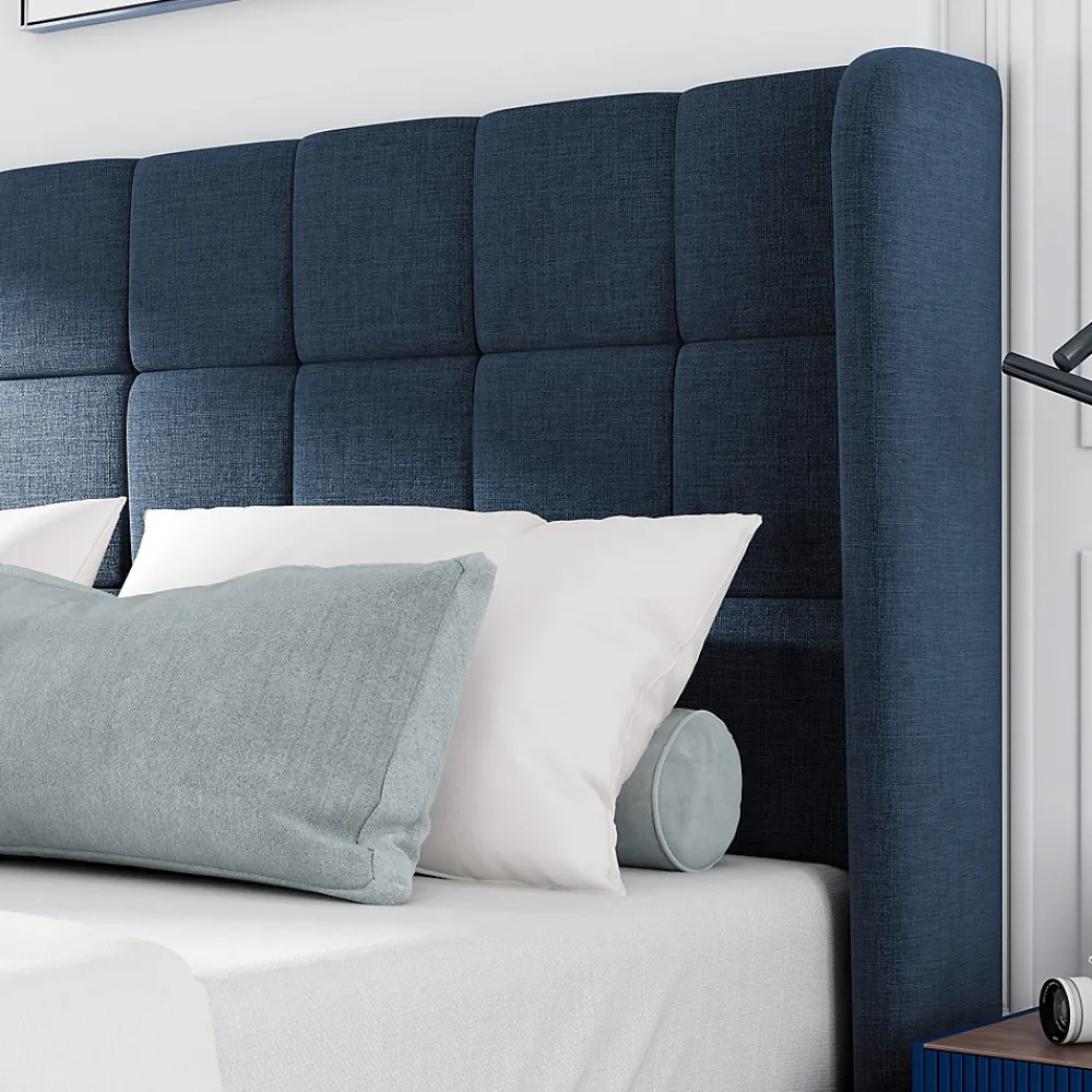 Okwish Lit double 140x200 cm - Lit adulte capitonné avec sommier à lattes - Lin - Sans Matelas - Bleu* Lit Double