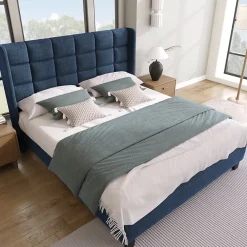 Okwish Lit double 140x200 cm - Lit adulte capitonné avec sommier à lattes - Lin - Sans Matelas - Bleu* Lit Double