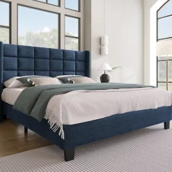 Okwish Lit double 140x200 cm - Lit adulte capitonné avec sommier à lattes - Lin - Sans Matelas - Bleu* Lit Double