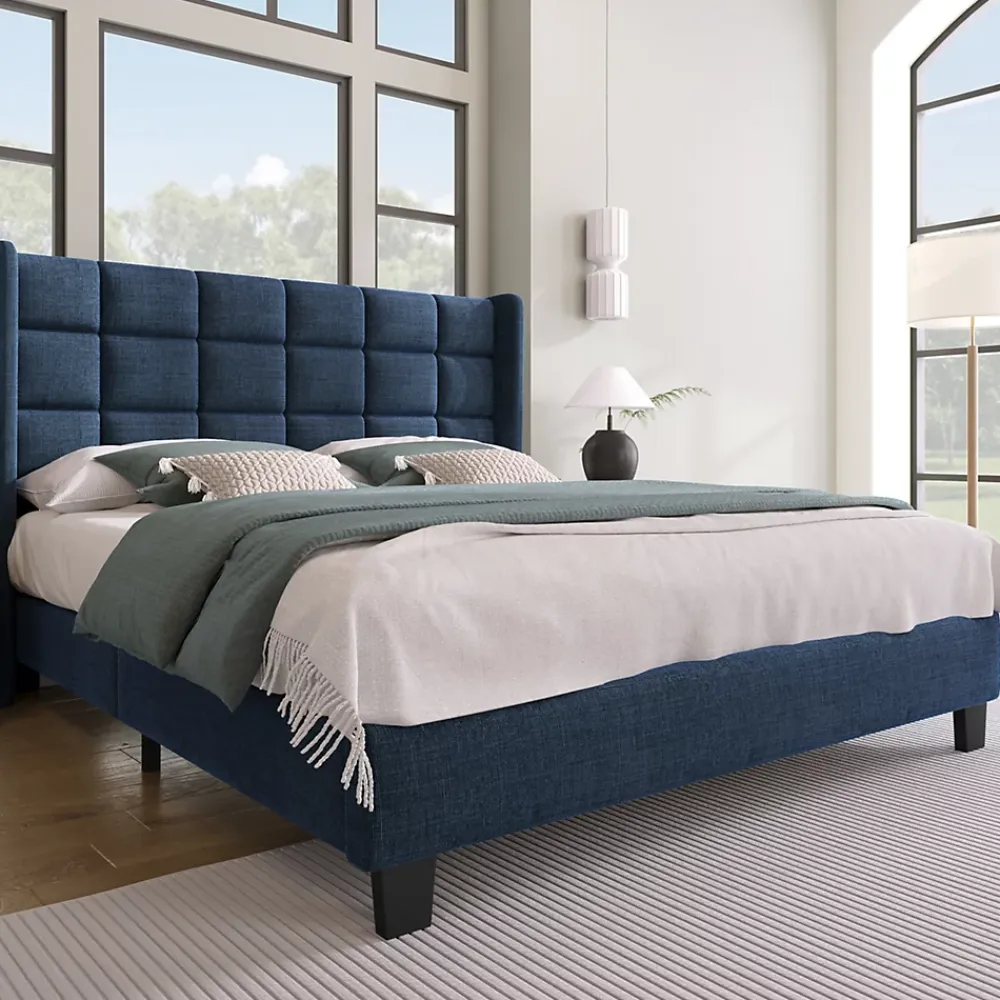 Okwish Lit double 140x200 cm - Lit adulte capitonné avec sommier à lattes - Lin - Sans Matelas - Bleu* Lit Double