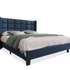 Okwish Lit double 140x200 cm - Lit adulte capitonné avec sommier à lattes - Lin - Sans Matelas - Bleu* Lit Double