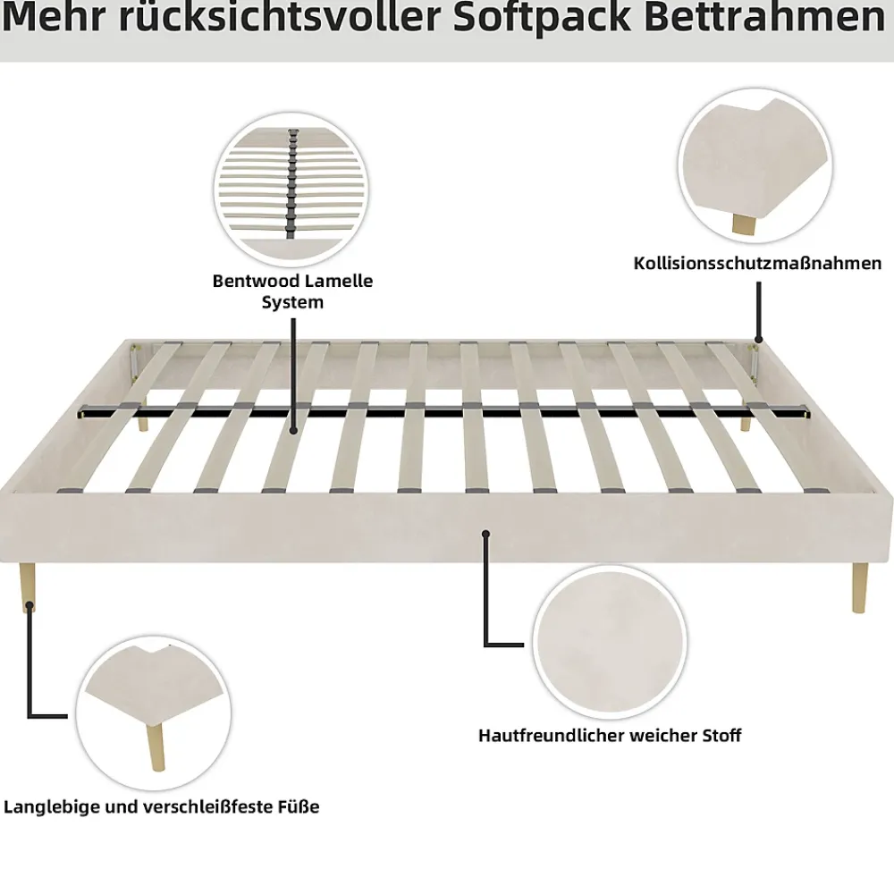 Okwish Lit Double 160x200 cm - Lit Adulte et Ado, Cadre Bas Minimaliste et Confortable, Sans Tête de Lit, Beige* Lit Double