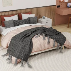 Okwish Lit Double 160x200 cm - Lit Adulte et Ado, Cadre Bas Minimaliste et Confortable, Sans Tête de Lit, Beige* Lit Double