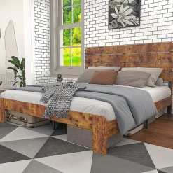 Lit Double 140x200 cm - Lit Adulte en Bois avec Cadre Métal Robuste - Style Industriel - Sans Matelas - Marron>Okwish Outlet