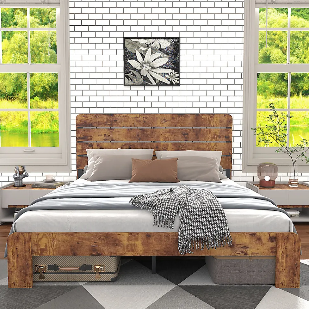 Lit Double 140x200 cm - Lit Adulte en Bois avec Cadre Métal Robuste - Style Industriel - Sans Matelas - Marron>Okwish Outlet
