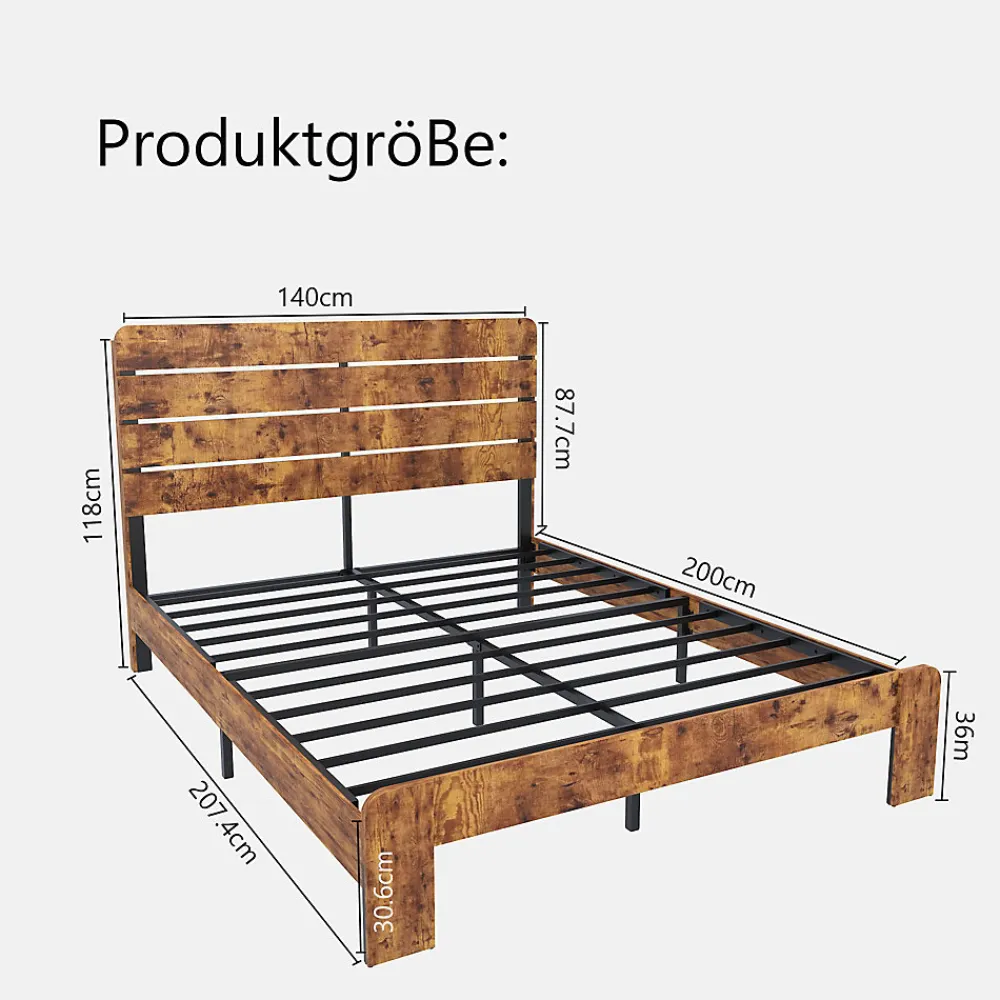 Lit Double 140x200 cm - Lit Adulte en Bois avec Cadre Métal Robuste - Style Industriel - Sans Matelas - Marron>Okwish Outlet