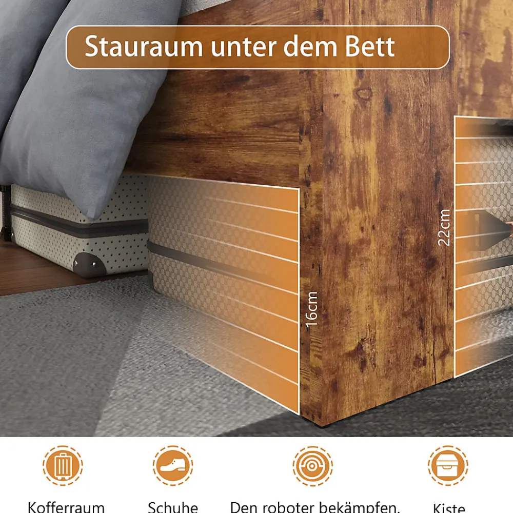 Lit Double 140x200 cm - Lit Adulte en Bois avec Cadre Métal Robuste - Style Industriel - Sans Matelas - Marron>Okwish Outlet