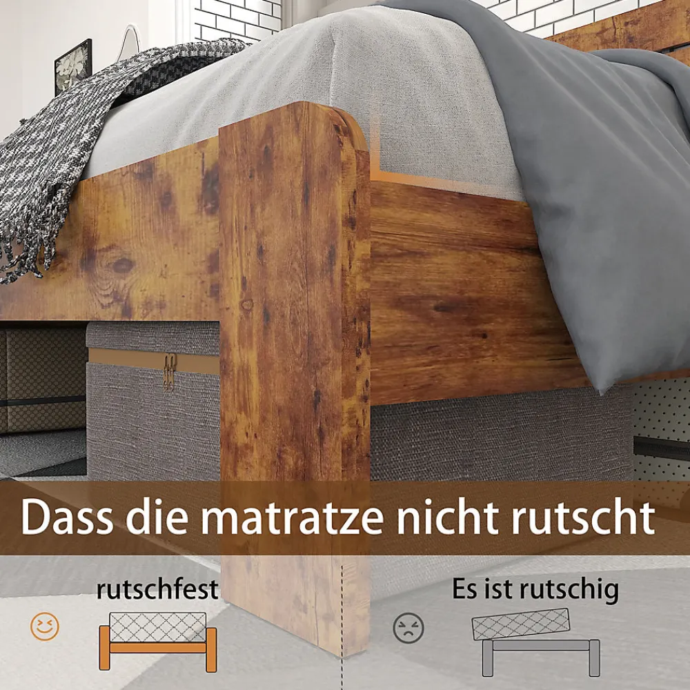 Lit Double 140x200 cm - Lit Adulte en Bois avec Cadre Métal Robuste - Style Industriel - Sans Matelas - Marron>Okwish Outlet