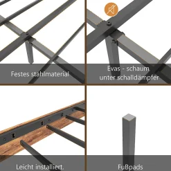 Lit Double 140x200 cm - Lit Adulte en Bois avec Cadre Métal Robuste - Style Industriel - Sans Matelas - Marron><noscript><img width=