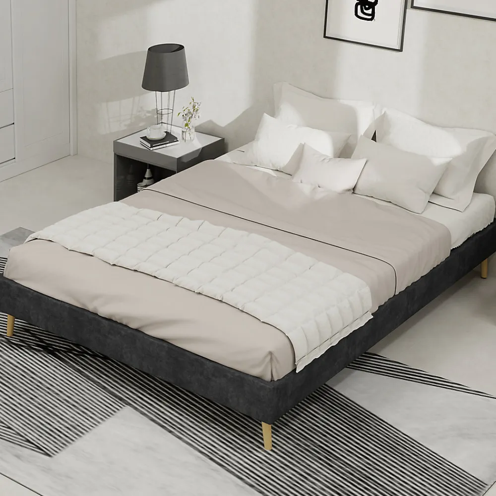 Lit Double 140x200 cm - Lit Adulte Minimaliste et Stable, Sans Tête de Lit et Sans Vérin, Sans Matelas, en Velours Hollandais Gris>Okwish New