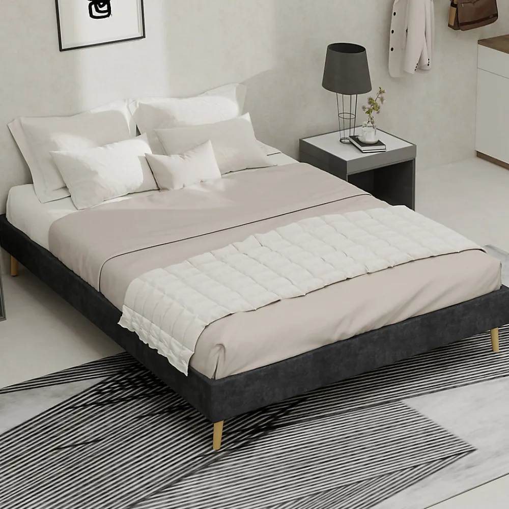 Lit Double 140x200 cm - Lit Adulte Minimaliste et Stable, Sans Tête de Lit et Sans Vérin, Sans Matelas, en Velours Hollandais Gris>Okwish New