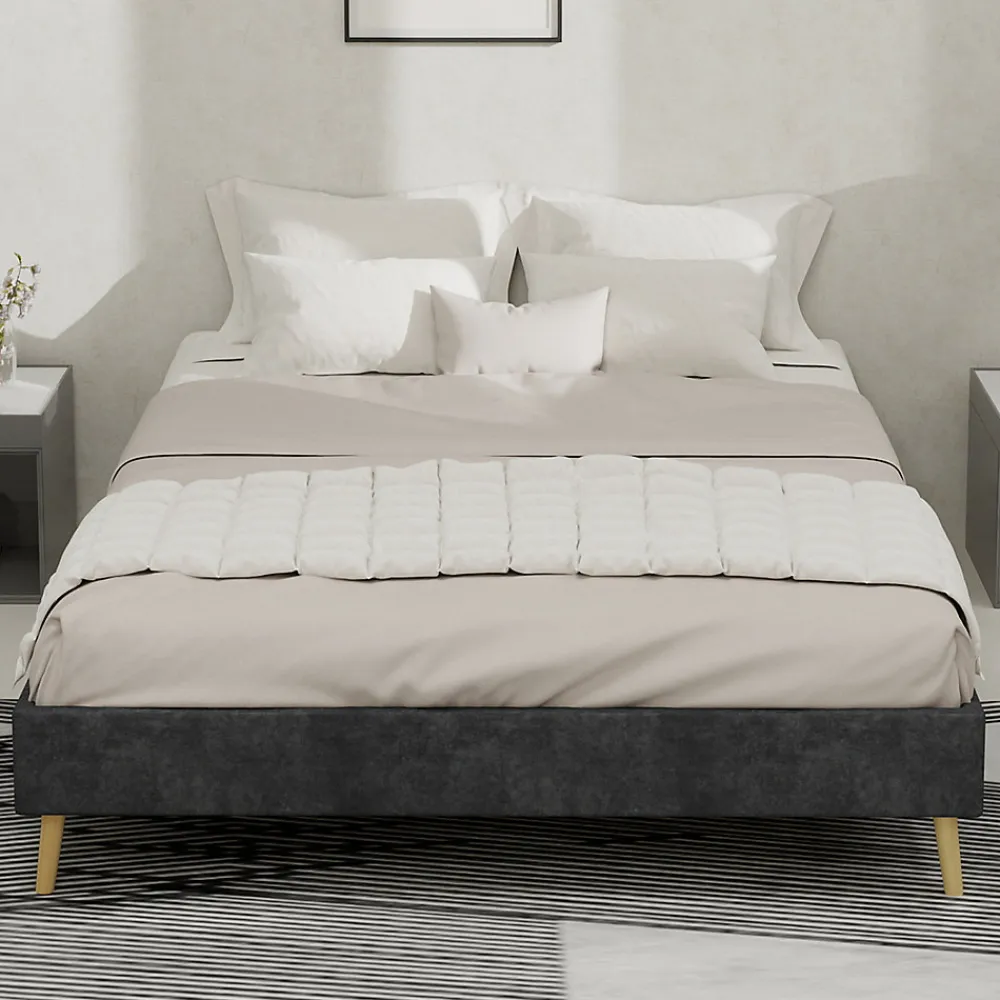 Lit Double 140x200 cm - Lit Adulte Minimaliste et Stable, Sans Tête de Lit et Sans Vérin, Sans Matelas, en Velours Hollandais Gris>Okwish New
