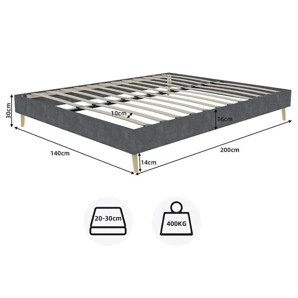 Lit Double 140x200 cm - Lit Adulte Minimaliste et Stable, Sans Tête de Lit et Sans Vérin, Sans Matelas, en Velours Hollandais Gris>Okwish New