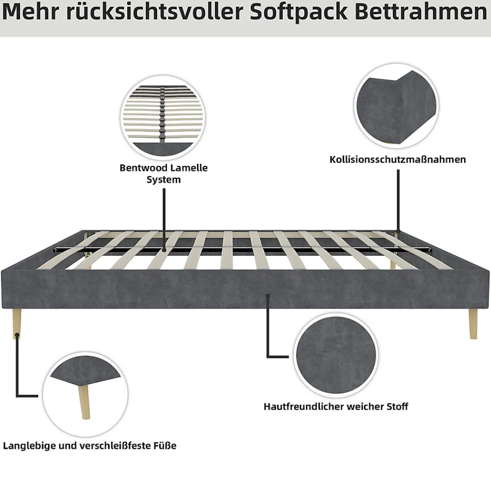 Lit Double 140x200 cm - Lit Adulte Minimaliste et Stable, Sans Tête de Lit et Sans Vérin, Sans Matelas, en Velours Hollandais Gris>Okwish New