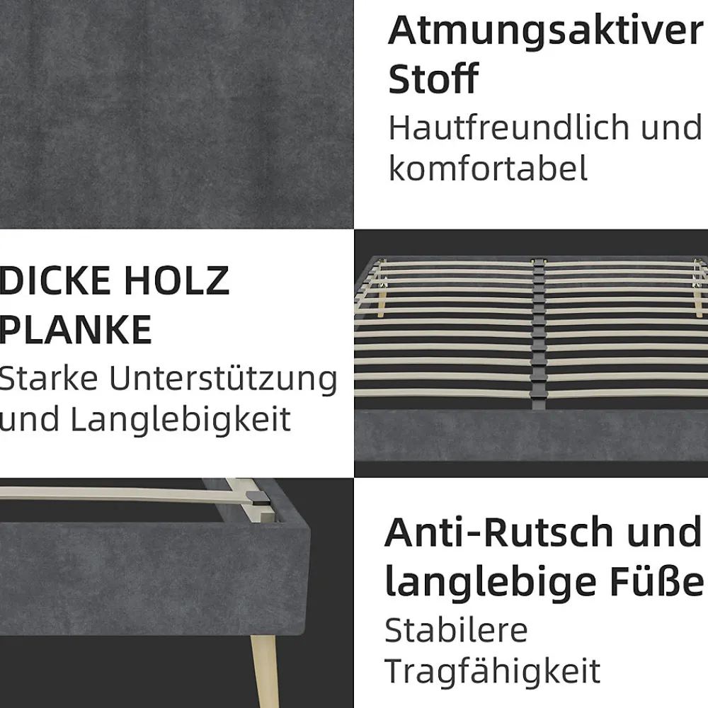 Lit Double 140x200 cm - Lit Adulte Minimaliste et Stable, Sans Tête de Lit et Sans Vérin, Sans Matelas, en Velours Hollandais Gris>Okwish New