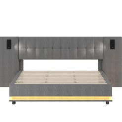 Okwish Lit Double 180x200 cm - Lit Adulte Rembourré avec Tête de Lit LED et Prise USB - Lin + MDF - Sans Matelas - Gris* Lit Double