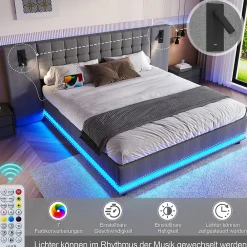 Okwish Lit Double 180x200 cm - Lit Adulte Rembourré avec Tête de Lit LED et Prise USB - Lin + MDF - Sans Matelas - Gris* Lit Double
